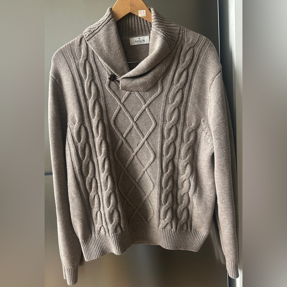 Aqua Merino Wool Blend Cable Knit Sweater Taupe Shawl Collar Toggle